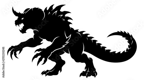 Obraz na plátne Helloween Fierce monster silhouette vector, aggressive horned beast mascot, myth