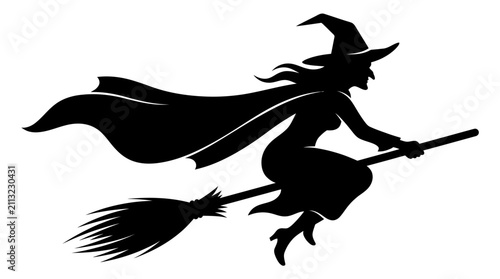 Helloween Halloween witch silhouette flying on broomstick, black sorceress vector icon with flowing cape, spooky female wizard character for holiday decor Vector