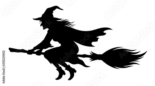 Foto Helloween Witch silhouette flying on broomstick, spooky Halloween character vect