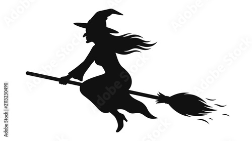 Foto Helloween Witch flying on broomstick silhouette, Halloween sorceress vector icon