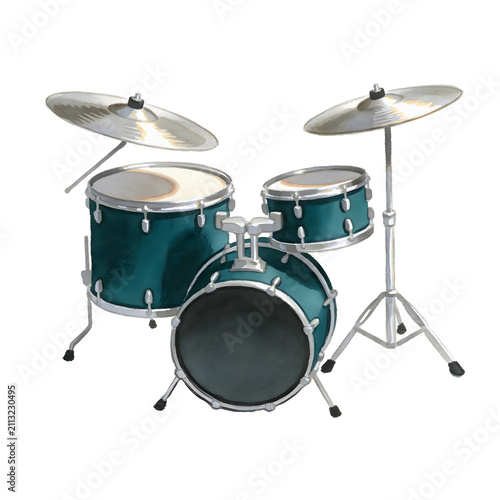 фотографія Drum Kit Serenade: A professional drum set with a rich teal finish, including snare, tom-toms, and cymbals, stands ready to create a powerful rhythm