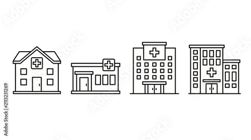 Four outline icons of diverse hospital and medical clinic buildings with cross symbols on a clean white background, illustrating healthcare services and medical facility management