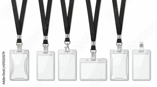 Set of six empty transparent ID card holders with black lanyards and diverse clip designs on a clean white background, representing event passes and corporate security