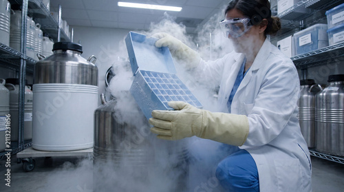 Researcher retrieving a sample box from a liquid nitrogen cryogenic storage tank