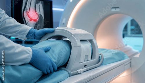 Generative AI image of knee MRI coil positioning in a modern MRI suite, showing advanced magnetic resonance imaging technology for professional diagnosis and healthcare.