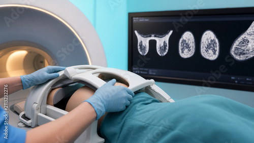 Generative AI image of breast MRI coil positioning in a modern MRI suite, showing advanced magnetic resonance imaging technology for professional diagnosis and healthcare.
