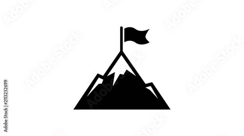 A minimalist black icon of a mountain peak with a flag on top representing success achievement goal setting and reaching the summit