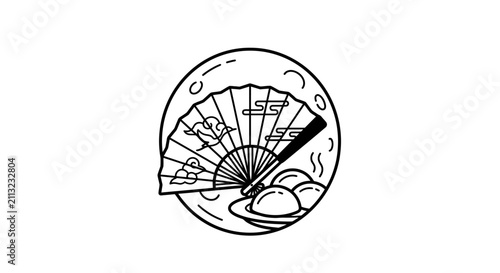 A minimalist line art illustration featuring a traditional folding fan and moon cakes.