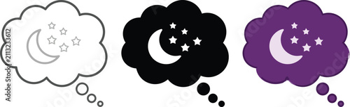 Three distinct thought bubbles containing moon and star vector graphic illustrations presented on transparent background