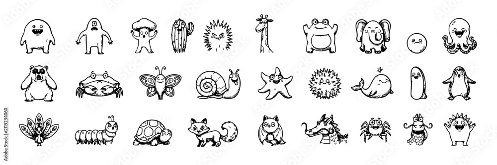 Obraz premium Whimsical Cartoon Animals and Creatures in Exaggerated Styles Featuring Illustration, Vector, Design with Cute and Funny Elements
