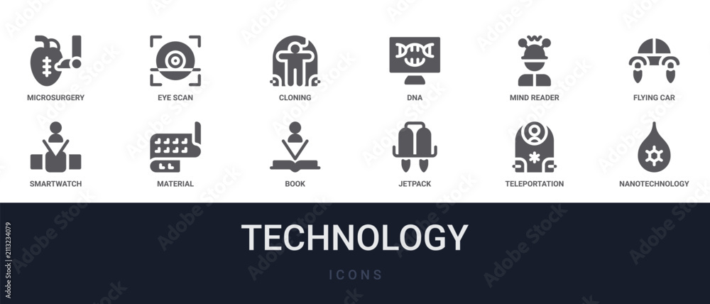 Fototapeta premium Set of 12 solid Technology icons for dashboards, app screens and website sections. Filled glyph collection including eye scan, dna, flying car, material and book.