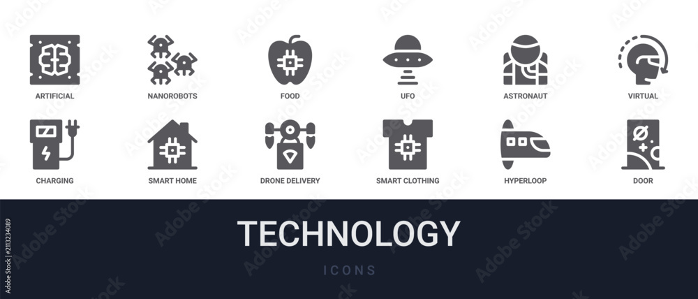 Fototapeta premium Set of 12 solid Technology icons for dashboards, app screens and website sections. Filled glyph collection including nanorobots, ufo, virtual reality, smart home and drone delivery.