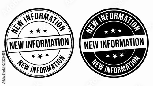 Two circular new information stamp designs with stars and bold text