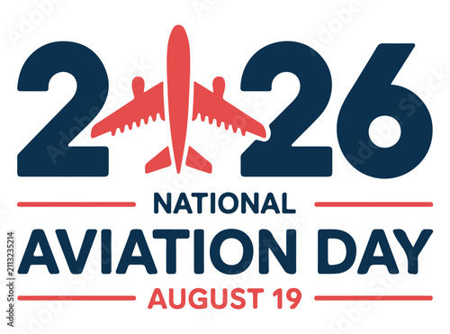 Quadro su tela National Aviation Day 2026 graphic displays a red airplane silhouette positioned vertically between large dark blue numbers with the specific date of August nineteenth written in clean text
