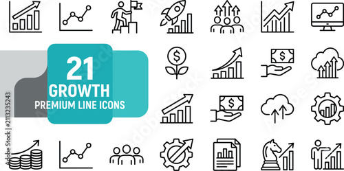 A collection of 21 professional line icons representing business growth, financial success, and strategic development.