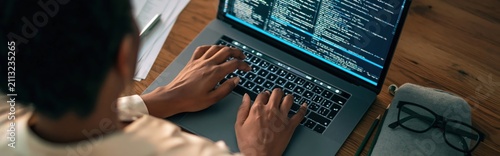 Plakat Programmer typing on a laptop keyboard coding software as a technology developer