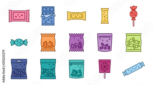 Принти на полотні Colorful illustrated candy and snack wrappers collection.