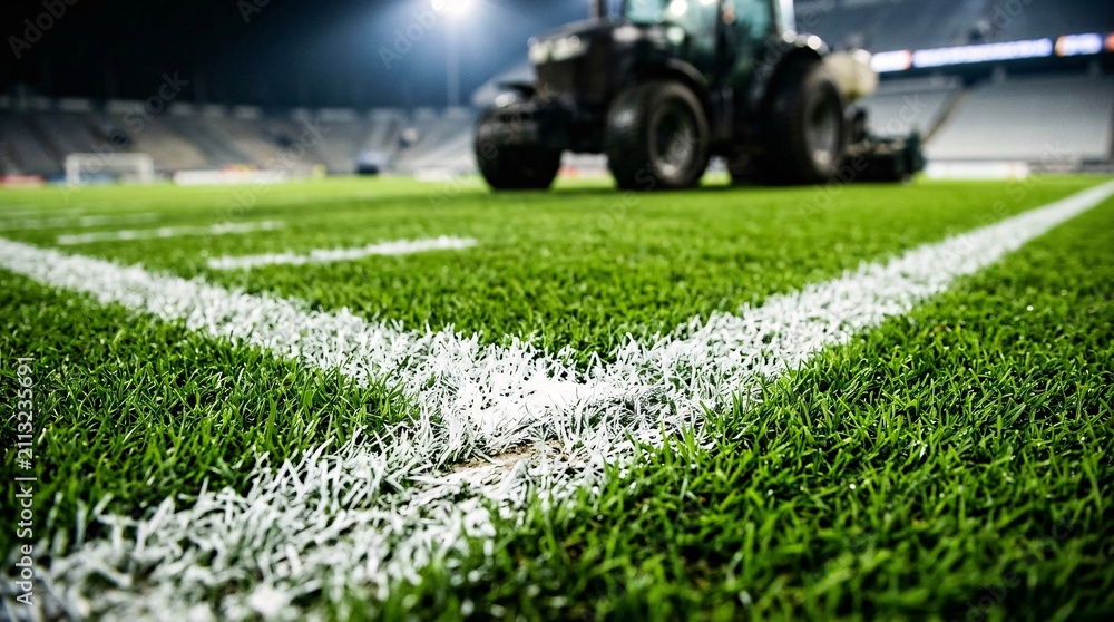 Fototapeta premium Professional sports stadium macro view of lush vibrant green turf grass and freshly painted white yard lines with a large heavy tractor nearby.