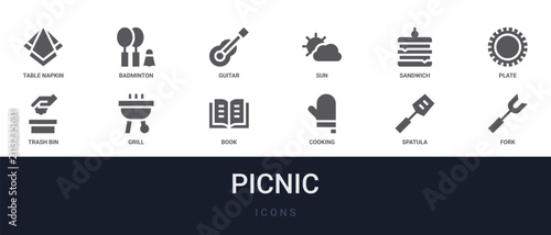 Set of 12 solid Picnic icons for dashboards, app screens and website sections. Filled glyph collection including badminton, sun, plate, grill and book.