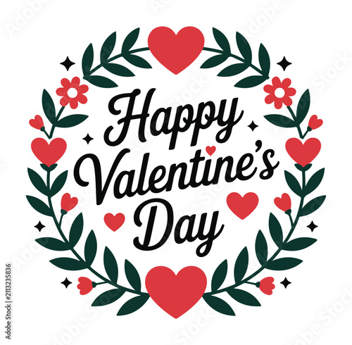 Valentine's Day greeting card design features a circular wreath of dark green leaves and vibrant red hearts surrounding elegant black cursive typography centered on a clean white background surface.