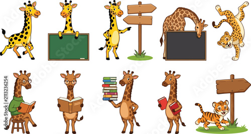 Photography Cute Cartoon Giraffe and Wild Cat Character Vector Set with Blank Boards Books a