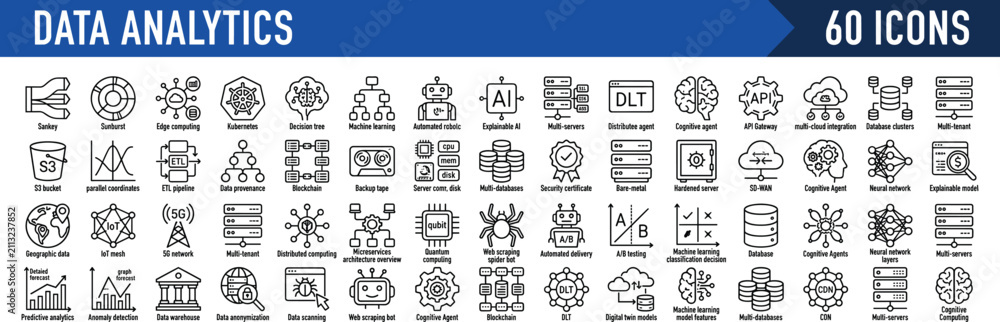Fototapeta premium A comprehensive set of 60 line art icons for data analytics, business intelligence, and modern technology concepts.