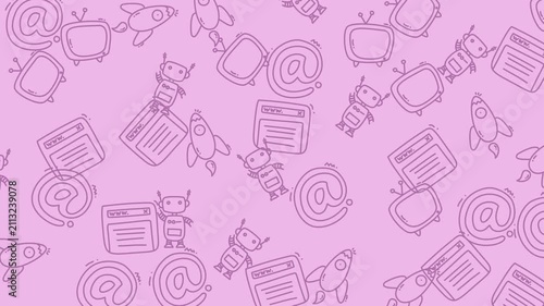 Pink pattern with cute robots, rocket ships, televisions, and email symbols. Ideal for childrens merchandise, tech products, and marketing materials.