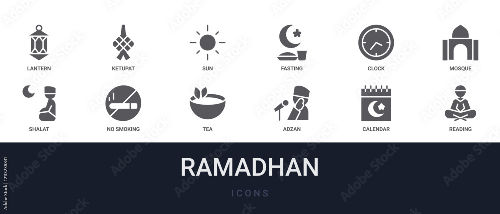 Fototapeta premium Set of 12 solid Ramadhan icons for dashboards, app screens and website sections. Filled glyph collection including ketupat, fasting, mosque, no smoking and tea.