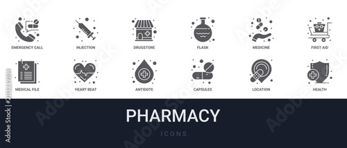 Fotografía Set of 12 solid Pharmacy icons for dashboards, app screens and website sections