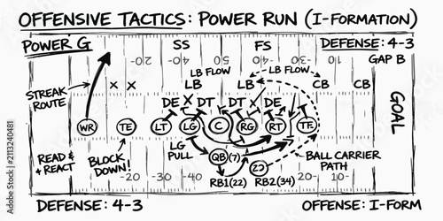 Bild auf Leinwand Offensive football play tactics drawing power run i formation with football play