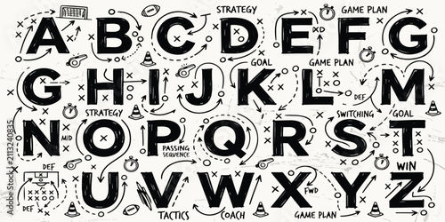 Принти на полотні Alphabet of american football tactics and playbook strategy symbols with footbal