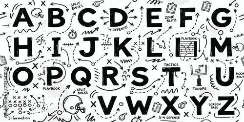 Bild auf Leinwand Alphabet letters with american football playbook strategy diagrams background ha