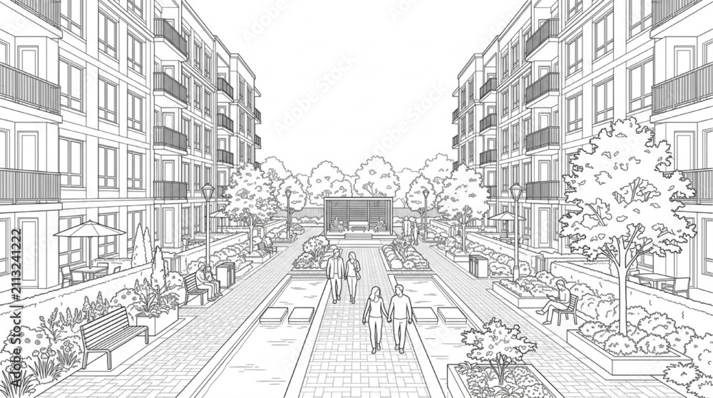 Fototapeta premium Modern urban apartment courtyard landscape architecture line sketch
