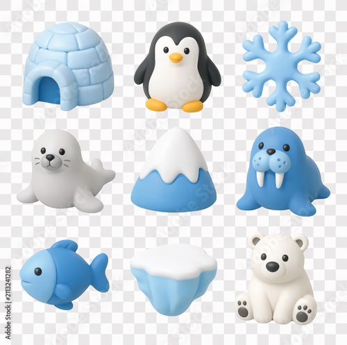 Arctic and Winter Animals Vector Icon Set | 3D icon set | igloo, penguin, snowflake, harp seal, snow-capped mountain peak, walrus, blue fish, floating ice floe, polar bear
