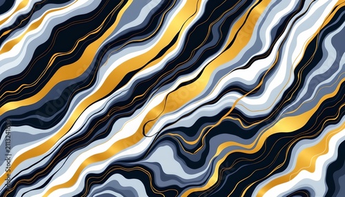 The image features an abstract design composed of flowing, wavy lines in a primarily dark color palette with accents of gold, light blue, and white