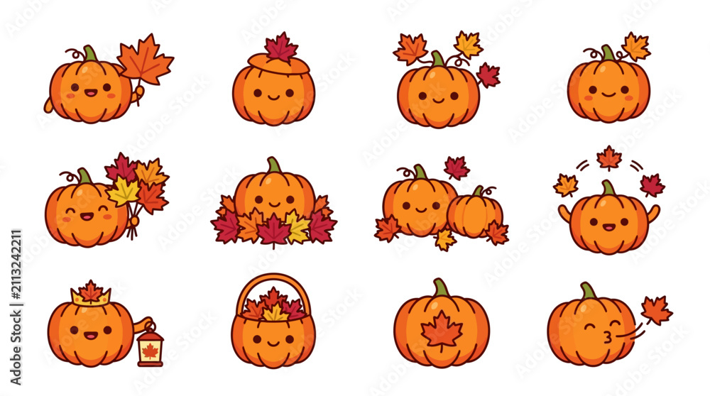 Fototapeta premium Kawaii pumpkins with baskets and autumn leaves.