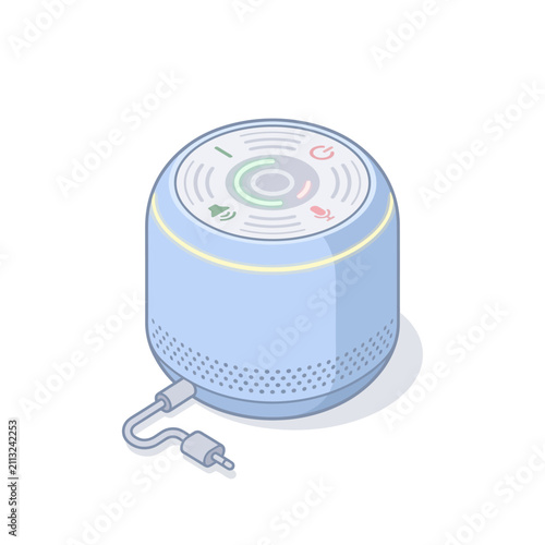 A modern digital smart speaker sits on a clean white surface