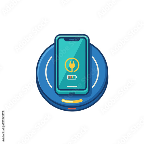 A modern smartphone charging on a circular wireless power pad