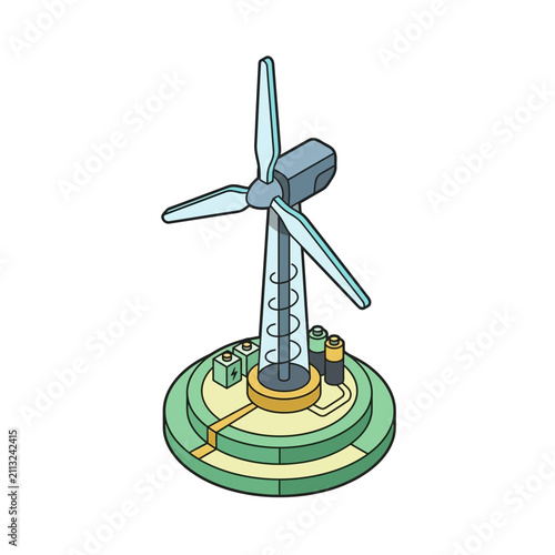 A modern wind turbine generates clean energy on a circular base