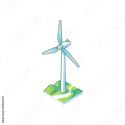 A modern wind turbine stands on a small patch of green land