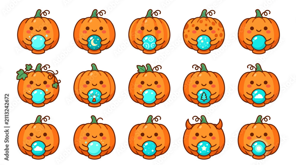 Fototapeta premium Pumpkin characters holding glowing blue crystal balls.
