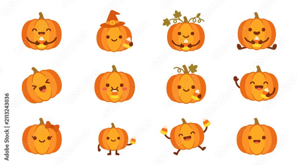Obraz premium Simple cute pumpkin face stickers collection.
