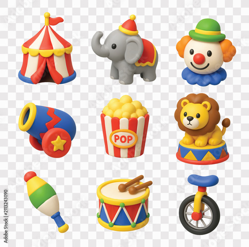 Circus Vector Icon Set | 3D icon set | circus tent, elephant, smiling clown, cannon, popcorn, lion, maraca, drum, unicycle