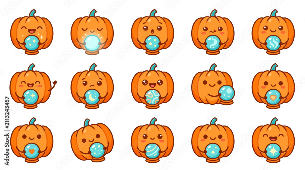 Obraz premium Adorable pumpkins juggling glowing blue magical orbs.