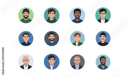 Set of twelve diverse cartoon avatars with varied facial hair and expressions for business, team, or profile use