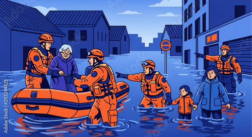 Emergency rescue team helping citizens during flood crisis