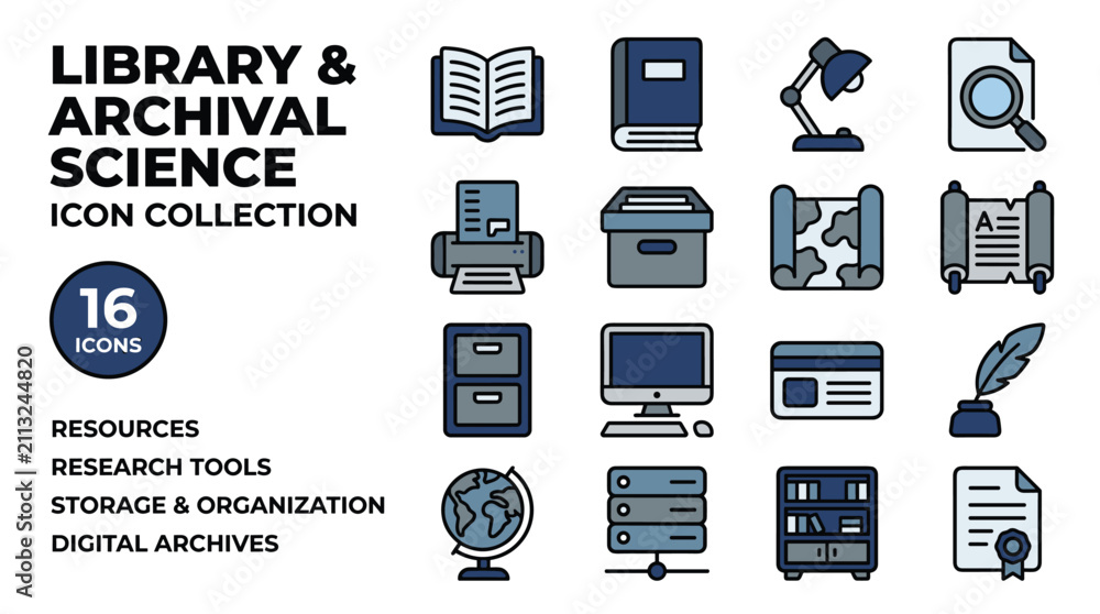 Fototapeta premium Library and Archival Science Icon Collection With 16 Resources
