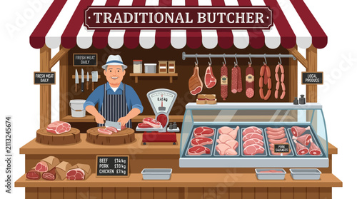 Smiling butcher working at a traditional butcher shop counter.