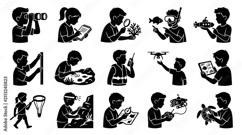 Fototapeta premium Black White Glyph Icons: Kids Science, Nature Exploration, and Discovery Activities Set