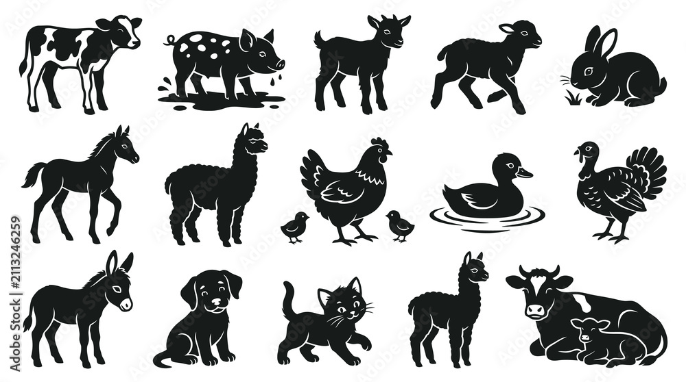 Obraz premium Black and White Farm and Domestic Animals Silhouette Set - Agriculture, Livestock Pets Vector Glyphs